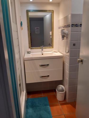 La salle de bains est pourvue d'un lavabo et d'un miroir. dans l'établissement Studio Bleu Coco, à Saint-François