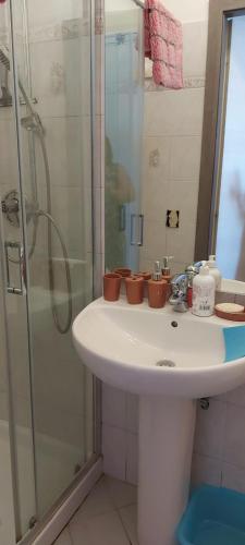 uma casa de banho com um lavatório branco e um chuveiro em APPARTAMENTO IN SOTTOMARINA DI CHIOGGIA em Chioggia