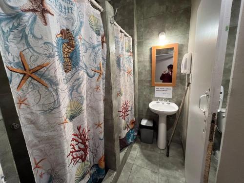 a bathroom with a shower curtain with a sink at Ferienhaus Hostel Salta in Salta