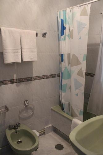 a bathroom with a green toilet and a shower at Mesón da Pedra in Burela de Cabo