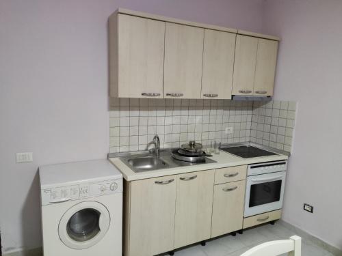 uma cozinha com um lavatório e uma máquina de lavar roupa em Klev's apartments em Shkodër
