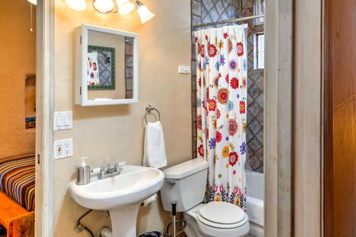 a bathroom with a sink and a toilet and a shower at Authentic Adobe Abode Less Than 1 Mile to Sante Fe Plaza! in Santa Fe