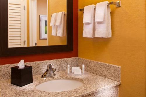 a bathroom with a sink and a mirror and towels at Sonesta Select Birmingham Colonnade in Birmingham