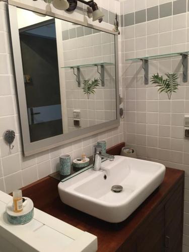 a bathroom with a white sink and a mirror at T1 bis verdoyant in Cayenne