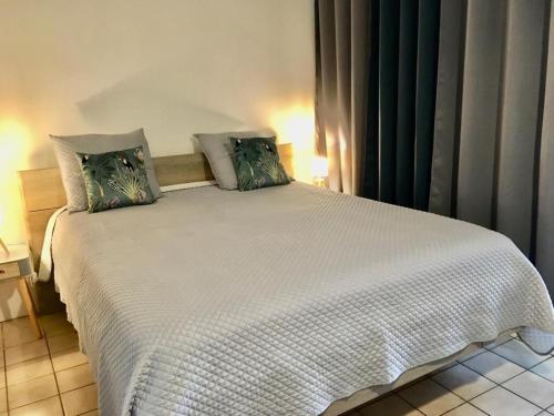 a bedroom with a large white bed with pillows at T1 bis verdoyant in Cayenne