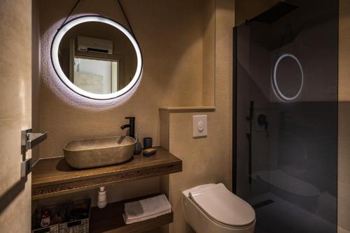 a bathroom with a sink and a mirror and a toilet at Villa Hedona in Komarna