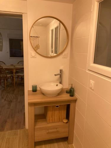 une salle de bain avec un lavabo et un miroir dans l'établissement Le Cosy Porgeais, à Le Porge