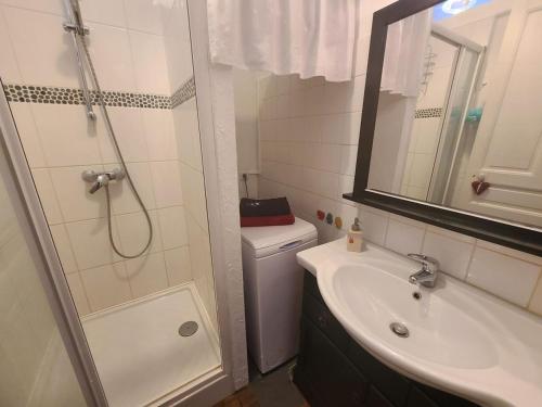 uma casa de banho com um chuveiro, um WC e um lavatório. em Gîte Épinal, 3 pièces, 5 personnes - FR-1-589-92 em Épinal