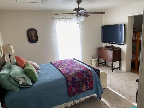 a bedroom with a bed and a flat screen tv at Opa's House in Abilene