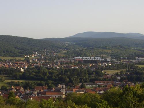 a town in a valley with mountains in the background at Gîte la Ferme in Mutzig