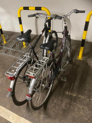 two bikes are parked in a bike rack on a bus at Strandblick mit Strandkorb & Fahrrädern in Glücksburg