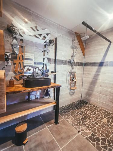 une salle de bain avec un lavabo et une douche dans l'établissement Gîtes Les Saules et Les Charmes, à Saint-Rémy