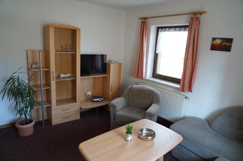 a living room with two chairs and a table at Ferienpension Gabriele 61 in Kurort Gohrisch