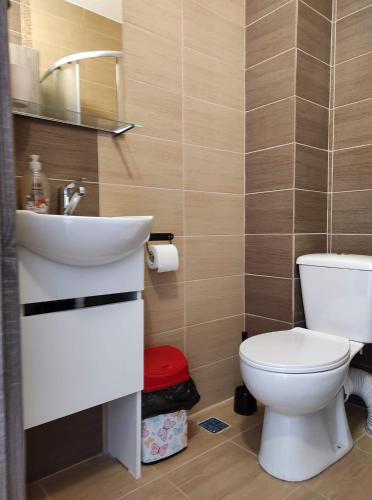 a bathroom with a white toilet and a sink at Pensiunea Transilvania in Odorheiu Secuiesc