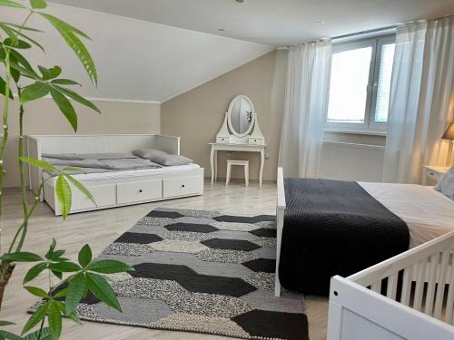 a bedroom with a bed and a mirror at P&P APARTMÁNY Bojnice in Bojnice