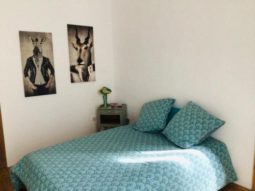 a bedroom with a bed with a blue comforter and pictures at L’Authentique situé à 10 m des Arènes de Nîmes in Nîmes