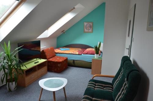 ein Zimmer mit einem Bett, einer Couch und einem Fernseher in der Unterkunft Penzion Aura in Dvůr Králové nad Labem