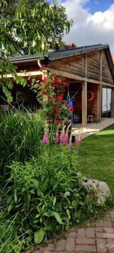 a garden with flowers in front of a building at Ecolodge Tilburg met zwembad in groene oase bij centrum in Tilburg