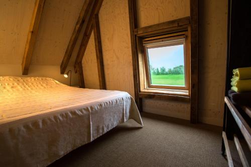 a bedroom with a bed and a window at Wilmsboo in Nieuw-Schoonebeek