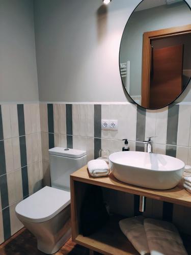a bathroom with a sink and a toilet and a mirror at Habital Suites in Jaca