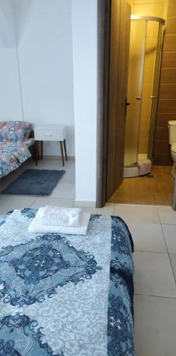 a bedroom with a bed and a door to a bathroom at Pensiunea Transilvania in Odorheiu Secuiesc
