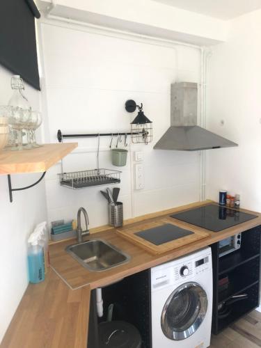 une cuisine avec un évier et une machine à laver dans l'établissement Quai Bonamour, à Capbreton