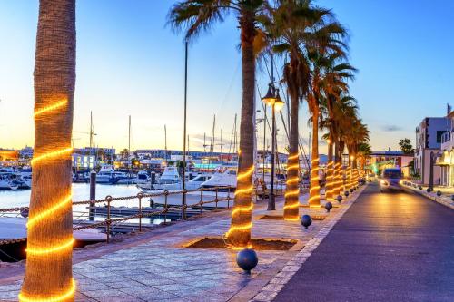 a row of palm trees with lights on a sidewalk at Hotel Cordial Marina Blanca in Playa Blanca