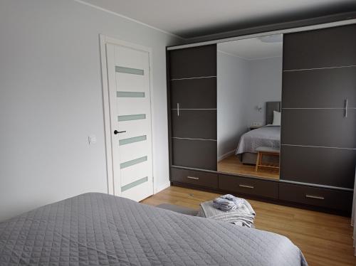 a bedroom with a large mirror and a bed at TIMO butas in Druskininkai