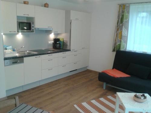 een keuken en een woonkamer met een bank bij Apart Silke in Pettneu am Arlberg