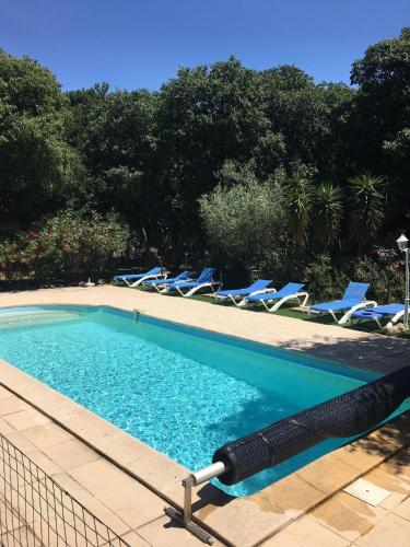 une piscine avec des chaises longues et un filet de volley-ball dans l'établissement Gites de la Massane, à Argelès-sur-Mer