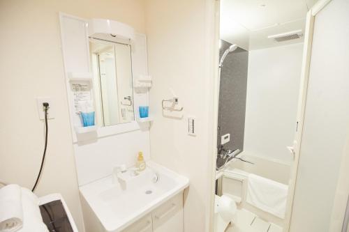 a white bathroom with a sink and a shower at SG Premium KASAI in Tokyo