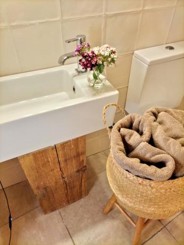 a bathroom with a sink and a bath tub with flowers at Les Planes de Viladrau in Viladrau