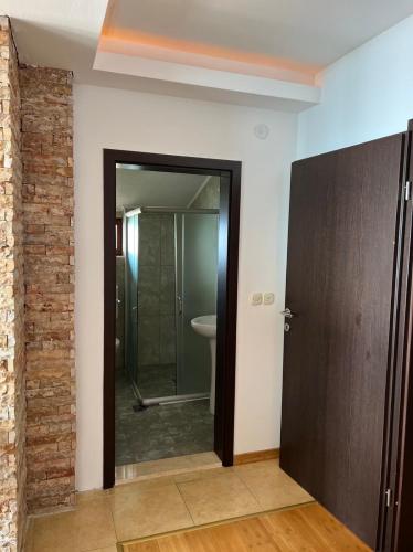 a bathroom with a shower and a glass door at Villa Fania in Ohrid