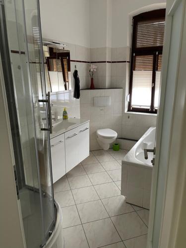 a bathroom with a toilet and a sink and a tub at Fewo Rico 3 in Quedlinburg