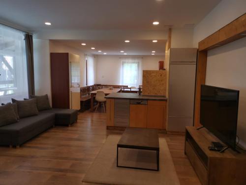 a large living room with a couch and a kitchen at Chalupa U Potoka in Říčky