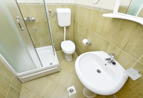 a bathroom with a sink and a toilet and a shower at Apartments and Rooms Iva in Petrovac na Moru