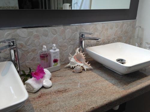 a bathroom counter with a sink and a mirror at Edenwood House in George