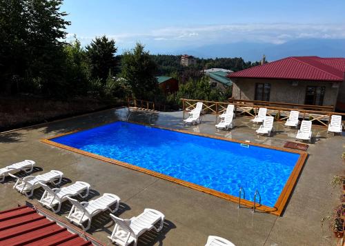 a large swimming pool with chairs and a group at Hillside Resort Telavi in Tʼelavi