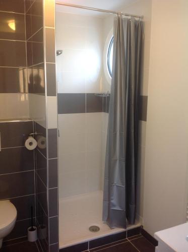 ein Bad mit einem Duschvorhang und einem WC in der Unterkunft Spacieux studio Perols in Pérols