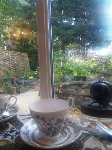 a tea cup and saucer on a table in front of a window at The Jewel in the Crown, countryside escape in Rushton Spencer