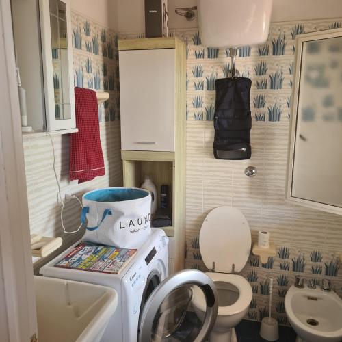 a small bathroom with a washing machine and a toilet at Appartamento Gentile in Torre dell'Orso