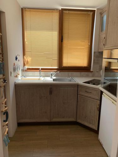 uma cozinha com armários de madeira, um lavatório e uma janela em Анси em Pomorie