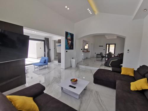 a living room with two couches and a tv at Villa Panorama in Buzet