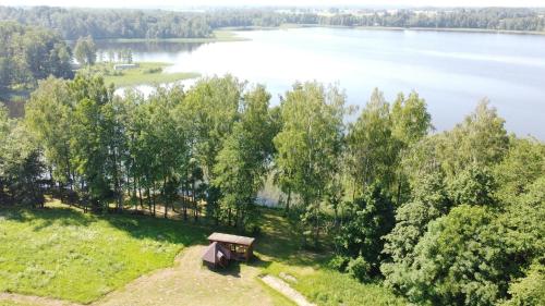an overhead view of a park with a bench and a lake at Duriu sodyba in Molėtai