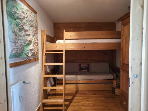 - un lit superposé avec une échelle dans une chambre dans l'établissement Charmant 2 pièces, balcon ensoléillé, proche pistes et commerces, séjour et chambre bien équipés - FR-1-449-18, à Tignes
