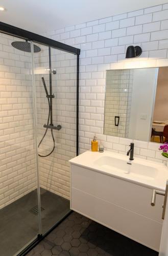 une salle de bain avec un lavabo et une douche dans l'établissement Le Saint Rome - Toulouse Hypercentre, à Toulouse