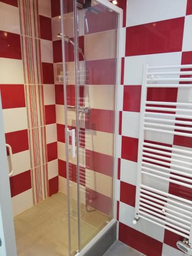 La salle de bains est pourvue d'une douche à rayures rouges et blanches. dans l'établissement Appartement de plain pied dans la verdure, à Yerres