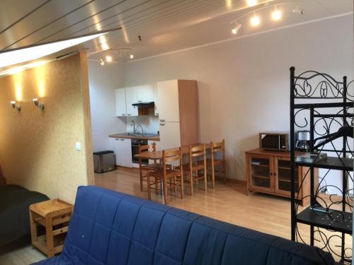 Il comprend un salon et une cuisine avec un canapé bleu. dans l'établissement Albizia, à Saint-Julien-des-Landes