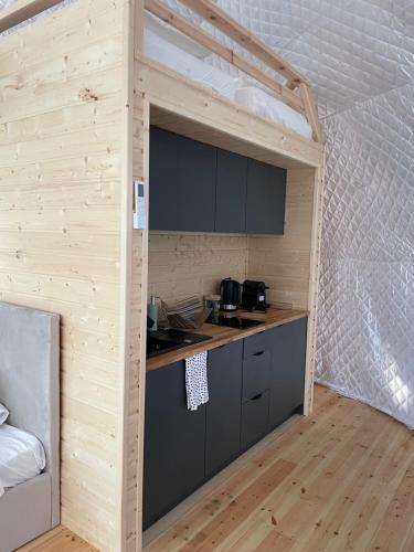 a kitchen in a small room with a wooden wall at Borowy Glamp więcej niż domki in Męcikał