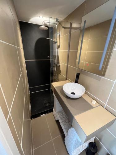 a small bathroom with a sink and a shower at The Little Fountain House in Dawlish